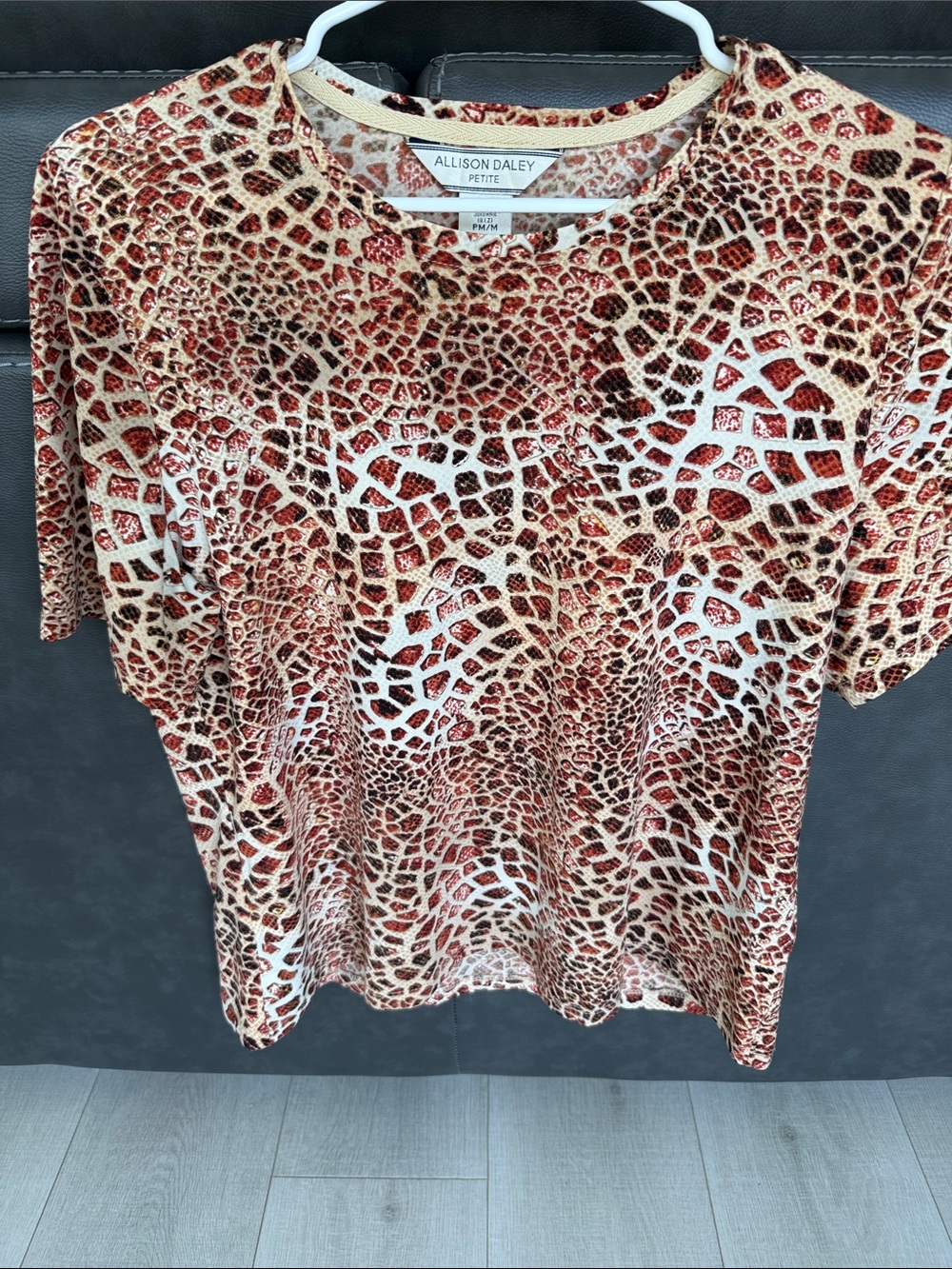 Allison Daley Petite Brown and Cream Short Sleeve Animal-Print Tee